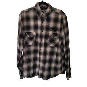 Lethal Threat Button Down Men XL Black Gray Plaid Kustom Rat Rod Embroidery Moto